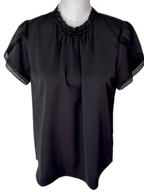 J. Crew Ruffle Neck Tulip Sleeve Lace Trim Black Small NWOT Minimalist Classic